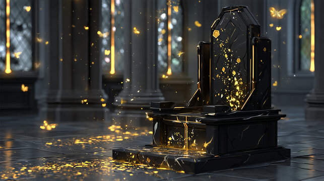 Black marble throne chair with golden particles in dark fantasy palace