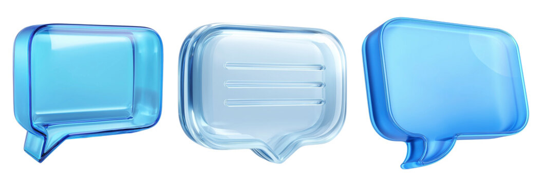 Glossy 3D speech bubble icons in blue glass style isolated on transparent background. Representing chat, message and digital conversation concepts.