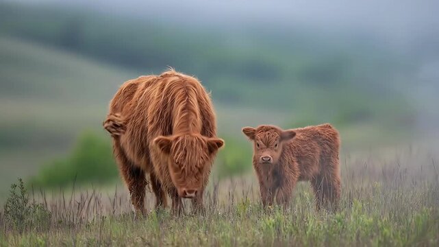 Serene cow and calf grazing together in lush green meadow, peaceful rural scene captured in high definition video