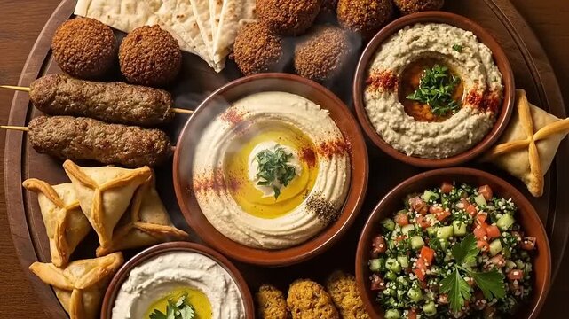 Delicious Middle Eastern Mezze Platter with Hummus Falafel and Kebabs.
