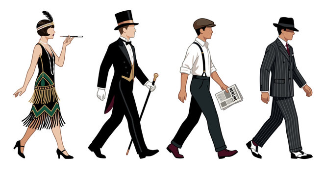 People in vintage 1920s fashion walking vector illustration