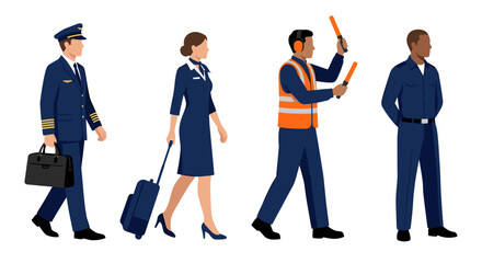 Obraz premium Airline crew and airport staff in uniform flat vector illustration