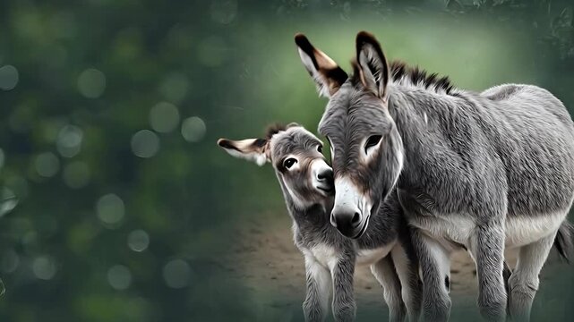 A mother donkey and her foal standing together in a lush green forest, captured in a serene 4K video from a close-up viewpoint.