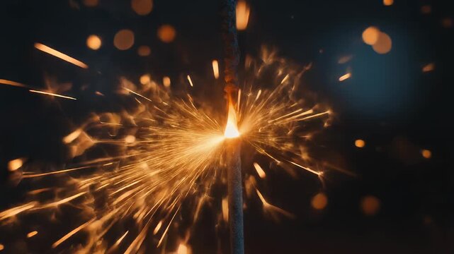 A close-up view capturing a lit fuse with sparks erupting. Warm orange glows illuminate particles against a black background