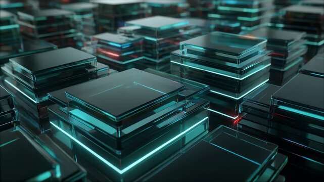 A close-up view depicts a futuristic design of layered glass structures. Each glass block has a glowing, luminescent internal glow