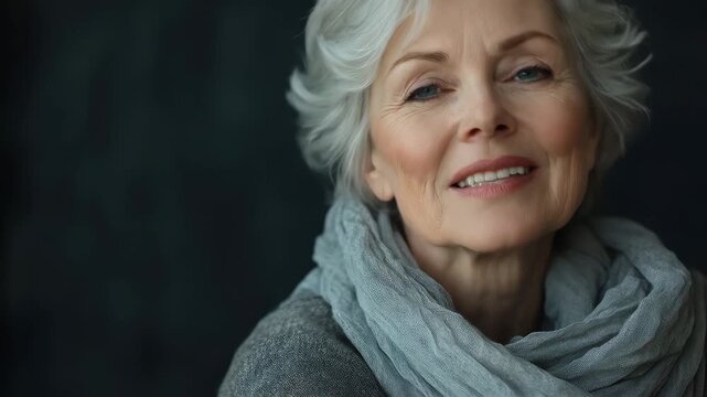 Thoughtful senior woman reflects quietly while wrapped in a soft scarf against a dark background, showcasing the beauty of maturity and life experience