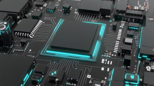 A close-up view of a circuit board. Components are illuminated with cyan outlines, highlighting the intricate details of the design