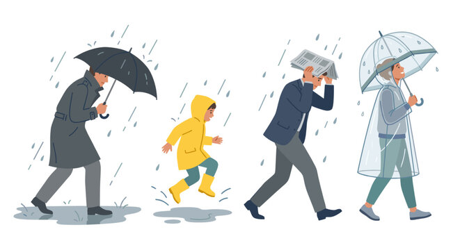 Group of people walking in the rain vector illustration
