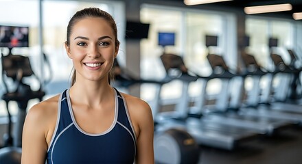 Fototapeta premium Smiling young woman in athletic wear stands confidently in modern gym with exercise equipment in the background, showcasing fitness lifestyle and strength training motivation