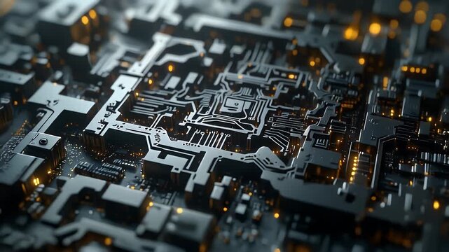 A close-up view of a circuit board with intricate pathways and connections, lit by warm, diffused light. The details are sharp