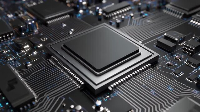 A close-up view of a computer's intricate motherboard featuring a central processing unit and multiple integrated circuits with circuit lines