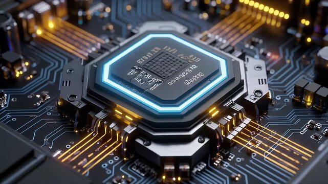 A close-up view of a computer motherboard and its central processing unit (CPU). The CPU has a bright blue glow with copper lines