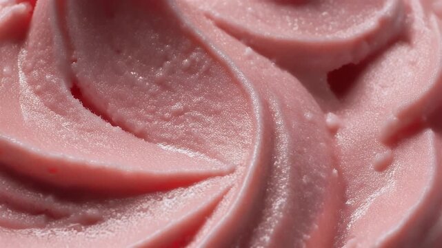 A close-up view of a swirling, smooth, pink confection, appearing soft and textured with subtle highlights and shadows. The surface shows a slight granular appearance