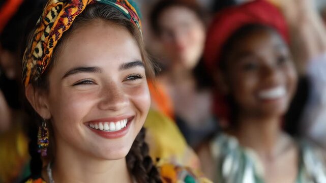Cheerful display of diverse multiracial friendship at a cultural gathering in a vibrant festival setting