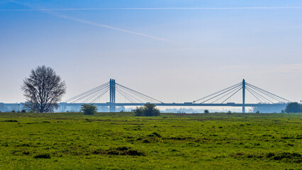 Fototapeta premium Cable-stayed Tacitus bridge spanning river with green field foreground