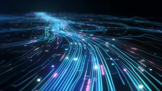 A digital visualization features blue and pink glowing lines in a data stream. Lines curve and flow across the dark background, creating a futuristic image