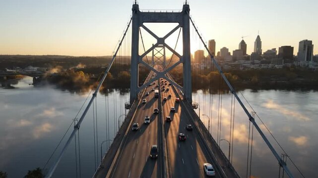 Drone perspective of vehicles crossing the Delaware River suspension bridge with the Philadelphia skyline at sunrise