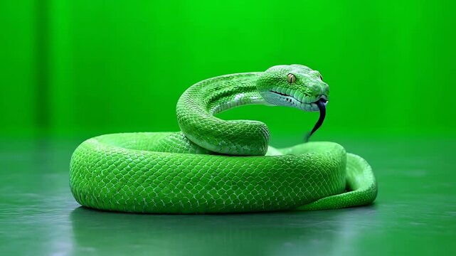 A green snake is coiled on a reflective surface in a studio setting with a green screen background and a close-up viewpoint