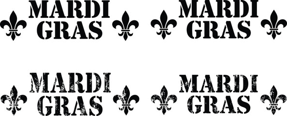 Professional Mardi Gras stencil typography collection featuring clean and distressed black lettering with fleur de lis symbols isolated on white background for versatile designs © Ajmira