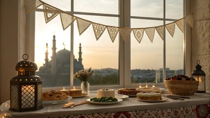 Fototapeta premium Ramadan iftar table setting with pastries and fruits by window overlooking mosque