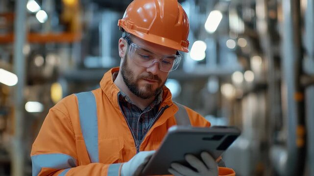 Manager reviewing technical data on tablet in industrial facility with focus on group diversity and engineering standards