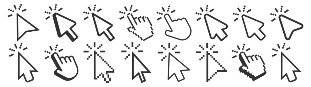 Cursor mouse pointer click icons with loading waiting and action symbols vector outline ui interface set on transparent background