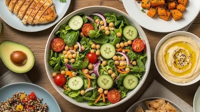 Healthy Meal Prep Variety Platter with Grilled Chicken Salad and Hummus.