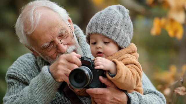 Grandfather shares a joyful moment capturing memories with his grandson during a chilly autumn day in the woods, surrounded by colorful leaves and nature's beauty
