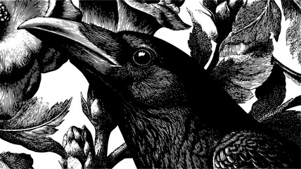 Obraz premium Intricate vector illustration of a black raven or crow in profile, surrounded by detailed floral elements. High-contrast graphic engraving featuring expressive bird textures and botanical motifs.