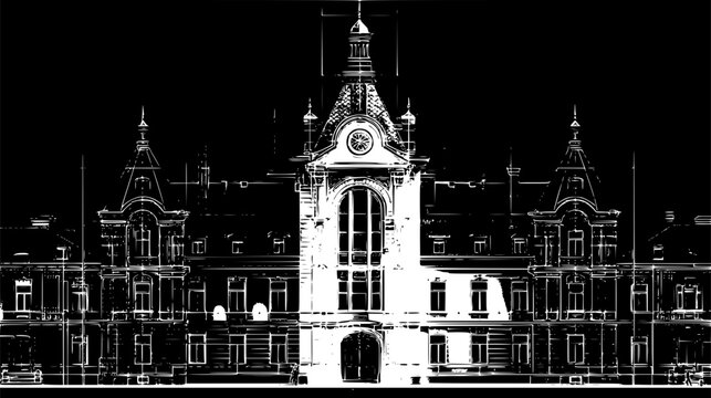 Dramatic vector graphic of a majestic palace or government building on a black background. High contrast black and white architectural illustration featuring ornate towers and a grand central dome.