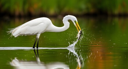 Elegant White Great Egret Wading in Water, Catching Fish in its Beak, Splashing Water