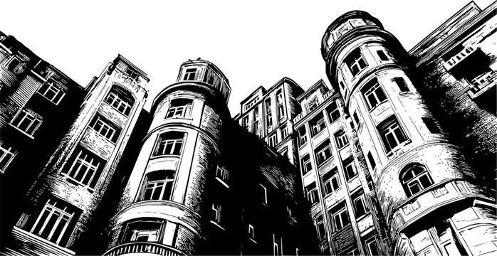 A dramatic, high-contrast black-and-white architectural illustration looking up at the curved, towering facades of several historic urban buildings featuring rows of classic windows.