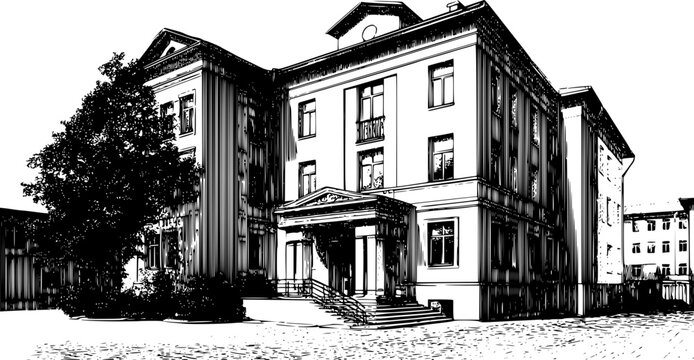 A high-contrast, black-and-white architectural illustration of a grand, multi-story classical building featuring a prominent entrance portico and large windows.