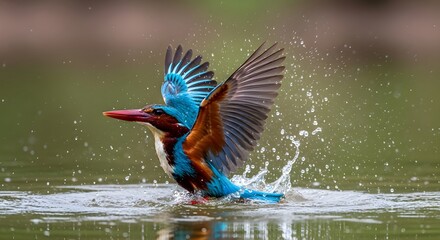 Kingfisher Bird Mid-Dive into Water, Colorful Plumage, Wings Outspread, Water Splash Action