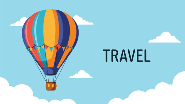 Colorful hot air balloon floats gracefully through a cloudy blue sky with travel text for an adventurous theme.