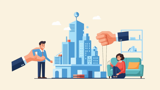 Puppet master controls people and city buildings with strings, symbolizing manipulation