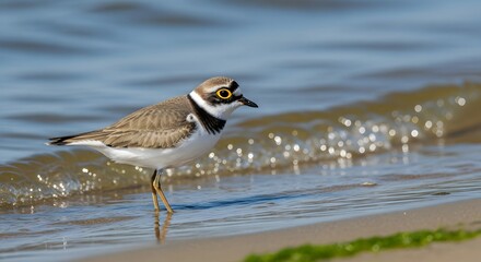 Small plover bird standing on wet sand at the edge of gentle waves on a sunny beach, with sharp detail and bokeh.