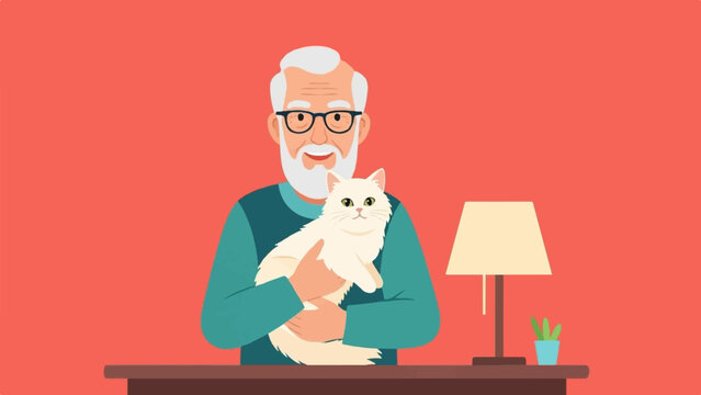 Smiling elder man with beard holds fluffy white cat, lamp on table