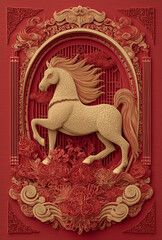 Fototapeta premium Luxury Red and Gold Paper-Cut Horse in Ornate Floral Frame, Chinese New Year Style