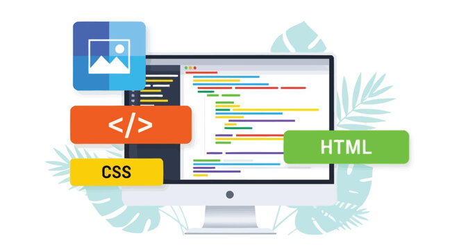 Alt text: "Illustration of a monitor displaying colorful code lines, surrounded by icons labeled CSS, HTML, and an image icon. Background features abstract leaf designs."