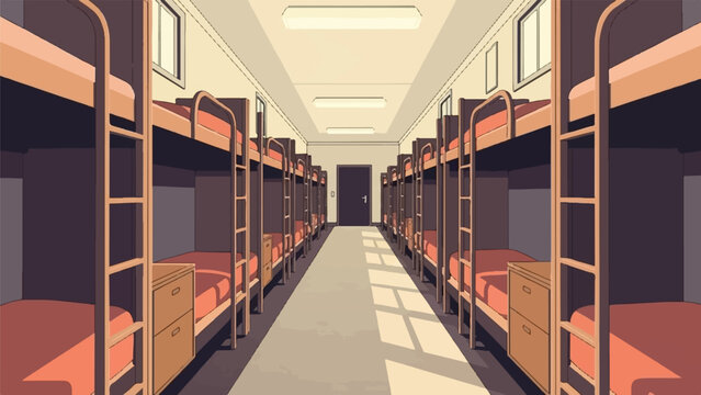Rows of bunk beds in a dormitory hallway, bathed in light