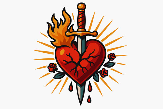 Flaming Sacred Heart Dagger, Sunburst Rays and Rose Accents with Dripping Drops