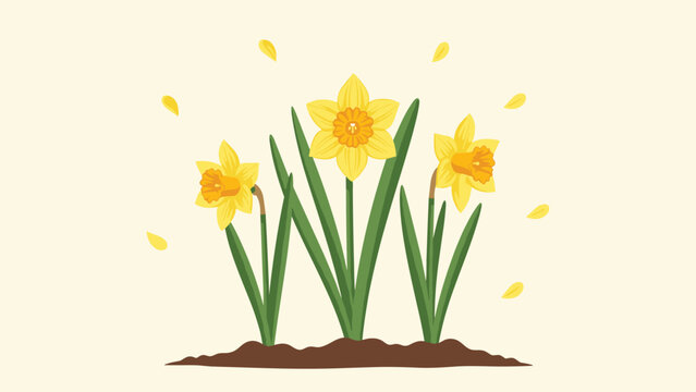 Three yellow daffodils stand tall in dark soil while golden petals float gently in the air on a warm spring day.