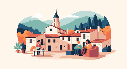 Naklejka premium Stylized Italian village scene with people working and relaxing outdoors