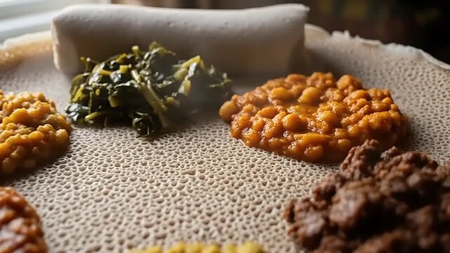 Traditional Ethiopian Injera Platter with Assorted Wots and Stews CloseUp View.