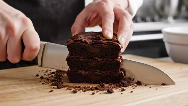 Chef carefully slicing a stack of rich chocolate brownies, revealing a gooey chocolate center, on a wooden surface