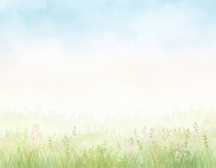 Fototapeta premium Vibrant field of grass and flowers under blue sky expansive meadow covered in green and colorful blooms