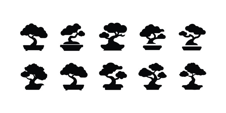 Bonsai tree silhouette icon set, Japanese garden miniature plant, zen nature decoration symbol, traditional oriental gardening, potted greenery, and more vector illustration with editable stroke.