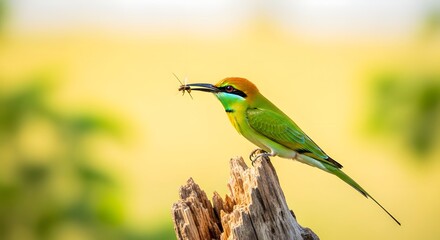 A green bee-eater bird with a colorful face and iridescent plumage, perched on a weathered stump, holding an insect in its beak.