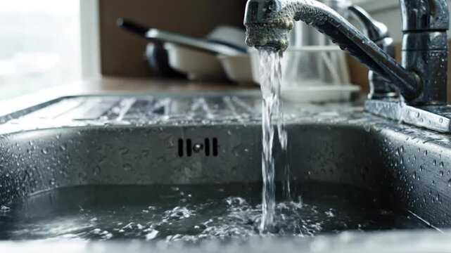 Water overflowing from faucet into the kitchen sink causing flood damage, close up view
